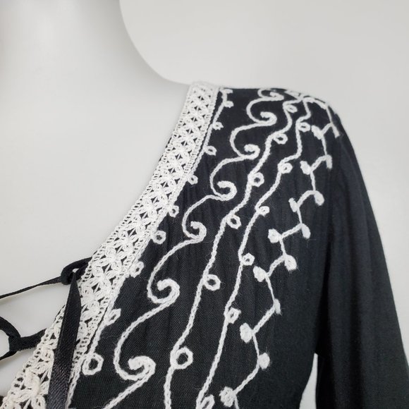 Scully Black White Boho Festival Western Rodeo Embroidered Fringe Tunic Size S - Picture 6 of 16